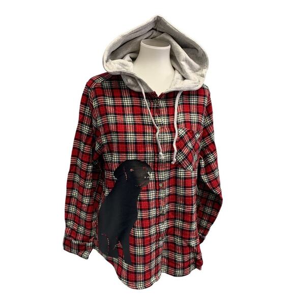 Time and Tru Tops - New Hand Printed Womens XXL Black Lab Dog Long Sleeve Plaid Flannel Hoodie